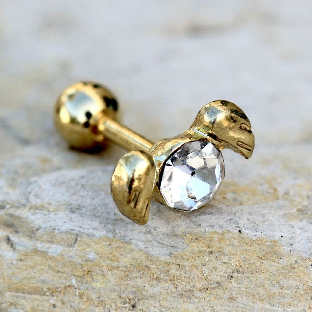 Angel Wings with CZ Crystal Center Cartilage Barbell Earring - Gold Plated Stainless Steel