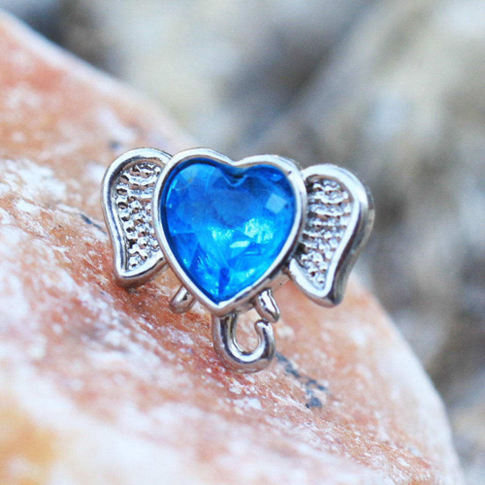 Aqua Heart CZ Crystal Elephant Cartilage Stud Earring - Stainless Steel