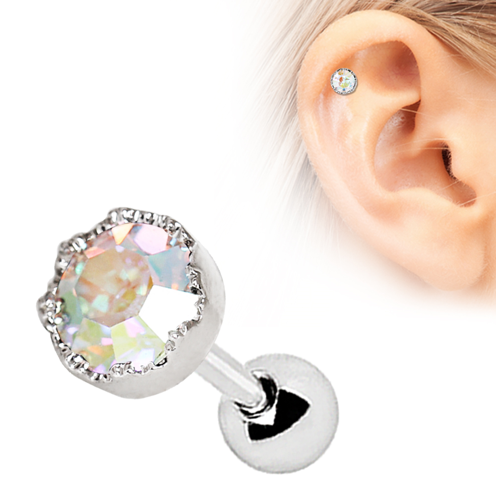 Adorned Aurora Borealis Crystal Cartilage Helix Tragus Stud Earring - 316L Stainless Steel