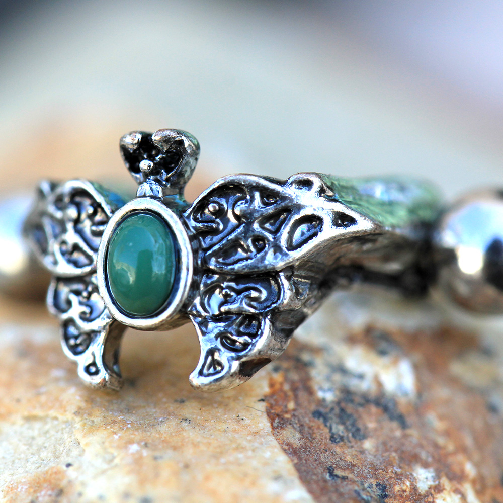 Ornate Green Beaded Butterfly Cartilage Cuff Earring - Stainless Steel