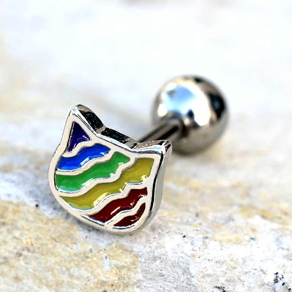 Rainbow Striped Cat Face Cartilage Barbell Earring - Stainless Steel