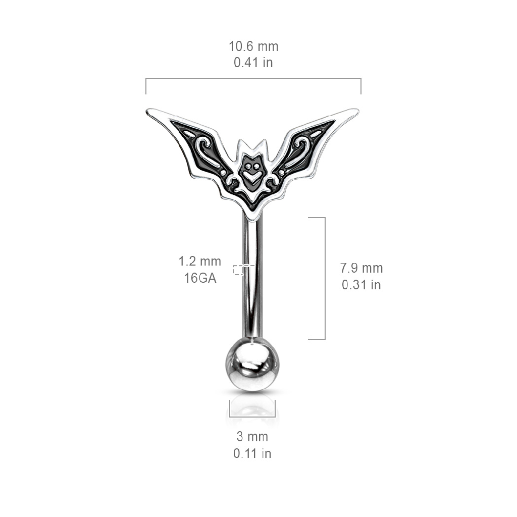 Horror Bat Top Curved Barbell Eyebrow Ring - 316L Stainless Steel