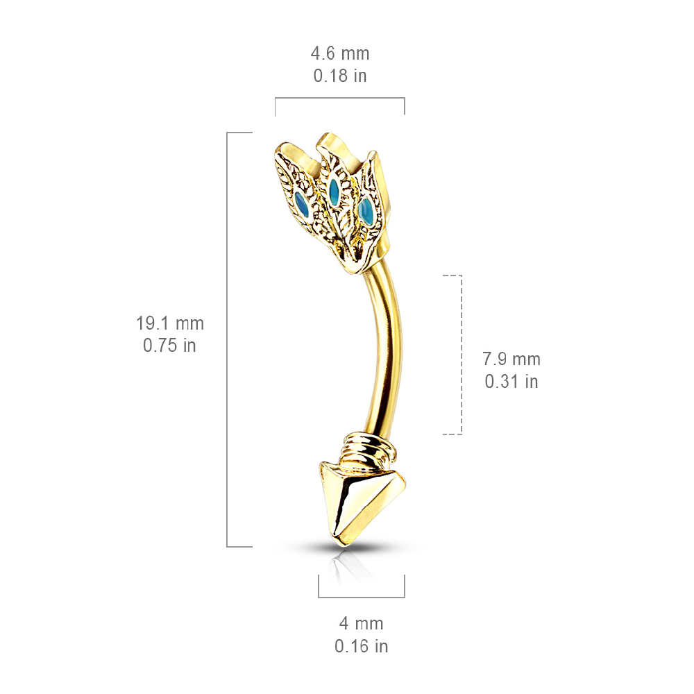 Turquoise Feather Tribal Arrow Curved Eyebrow Barbell Ring - 316L Stainless Steel
