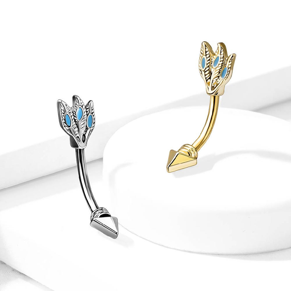 Turquoise Feather Tribal Arrow Curved Eyebrow Barbell Ring - 316L Stainless Steel