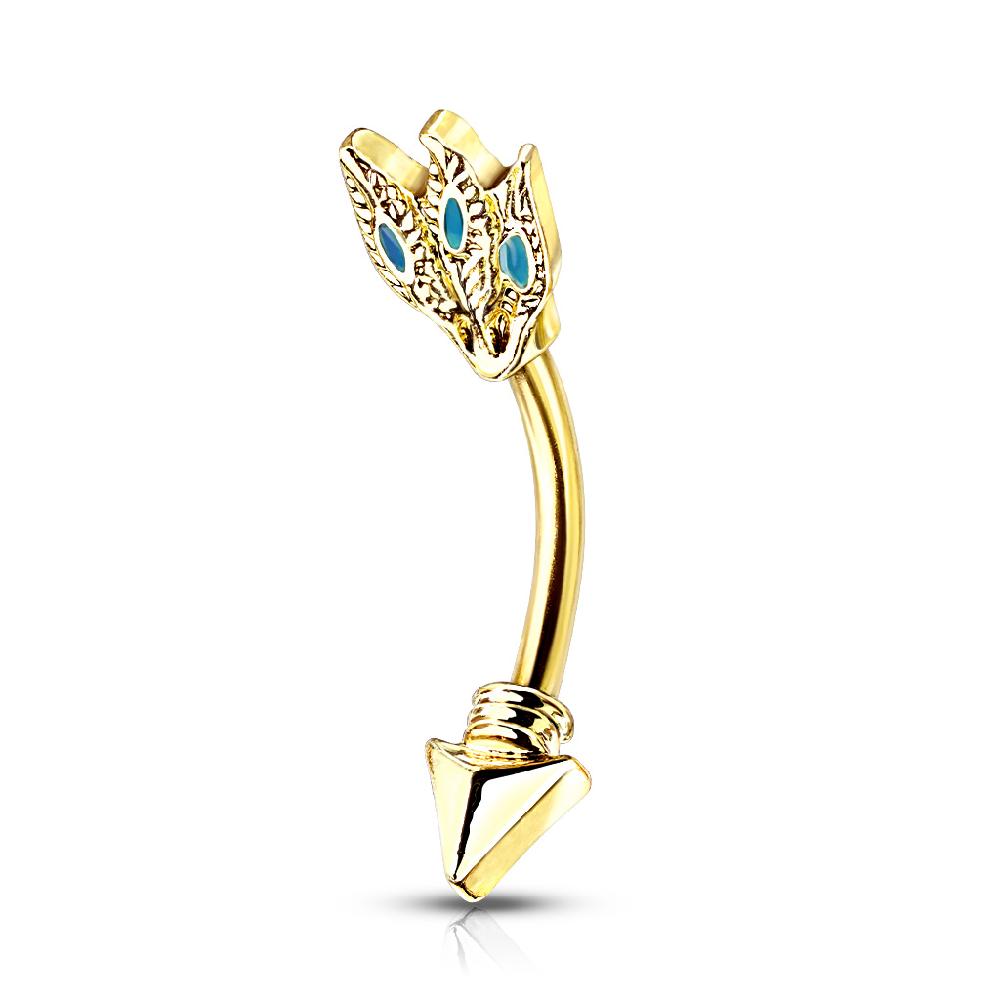 Turquoise Feather Tribal Arrow Curved Eyebrow Barbell Ring - 316L Stainless Steel