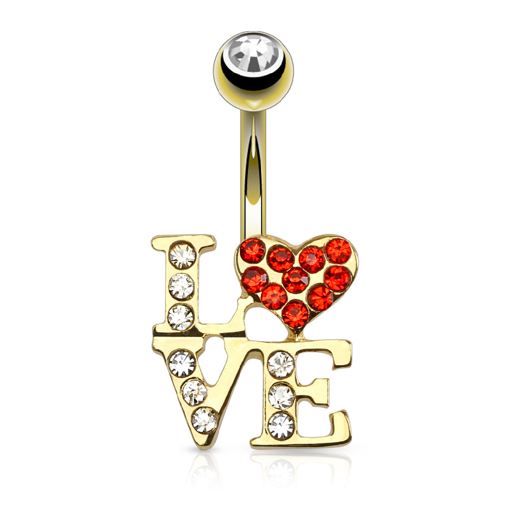 Golden LOVE Logo with Paved CZs Belly Button Ring - 316L Stainless Steel