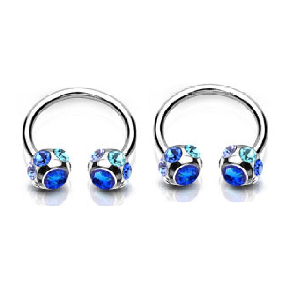 Colorful 7-Gem Paved Balls Horseshoe Circular Nipple Rings - 316L Stainless Steel - Pair