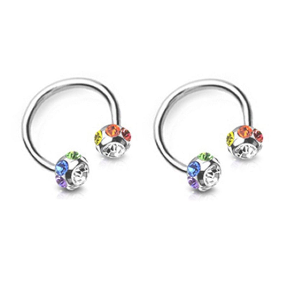 Colorful 7-Gem Paved Balls Horseshoe Circular Nipple Rings - 316L Stainless Steel - Pair