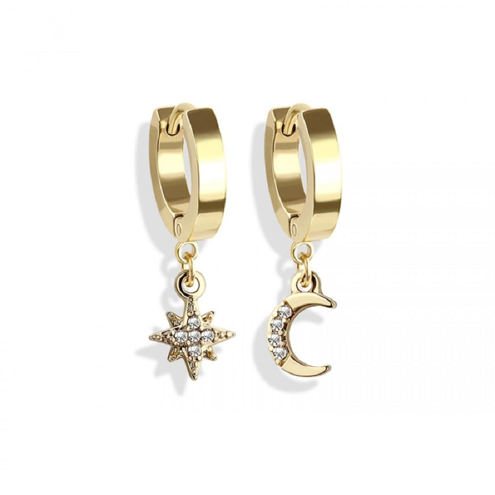 CZ Crystal Paved Moon and Star Dangling Huggie Hoop Earrings - 316L Stainless Steel