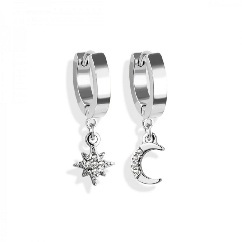 CZ Crystal Paved Moon and Star Dangling Huggie Hoop Earrings - 316L Stainless Steel