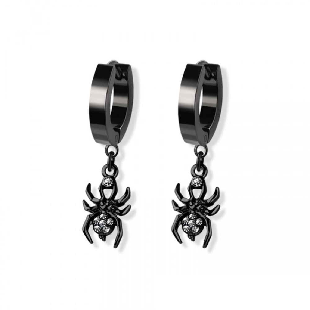 CZ Crystal Paved Spider Dangling Huggie Hoop Earrings - 316L Stainless Steel