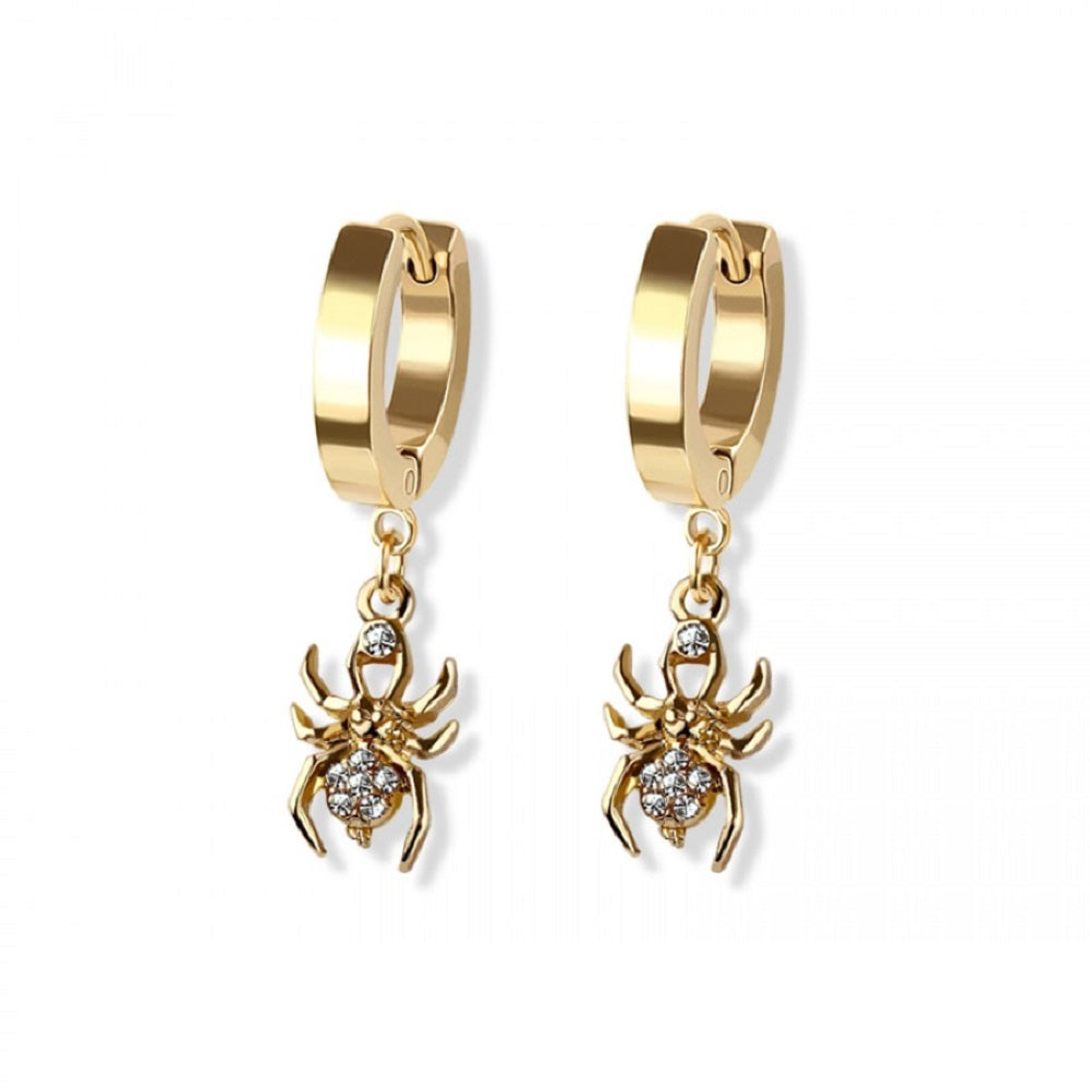 CZ Crystal Paved Spider Dangling Huggie Hoop Earrings - 316L Stainless Steel