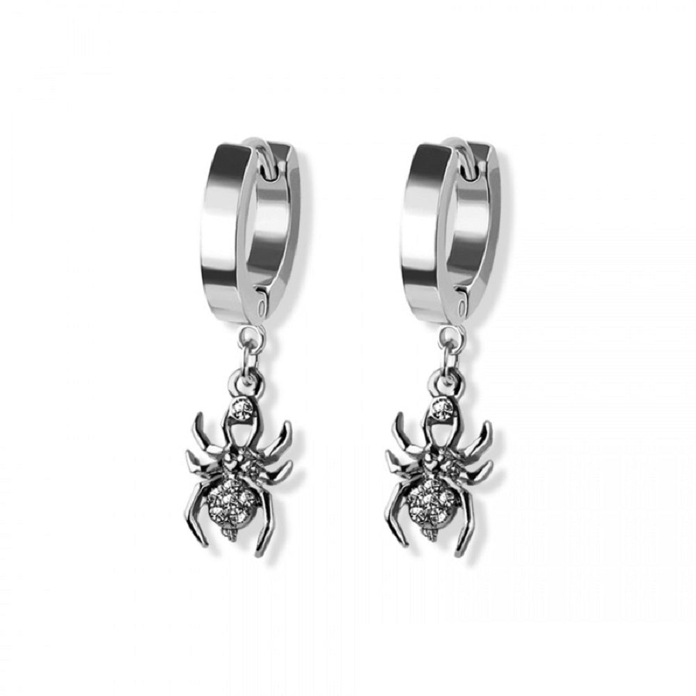 CZ Crystal Paved Spider Dangling Huggie Hoop Earrings - 316L Stainless Steel