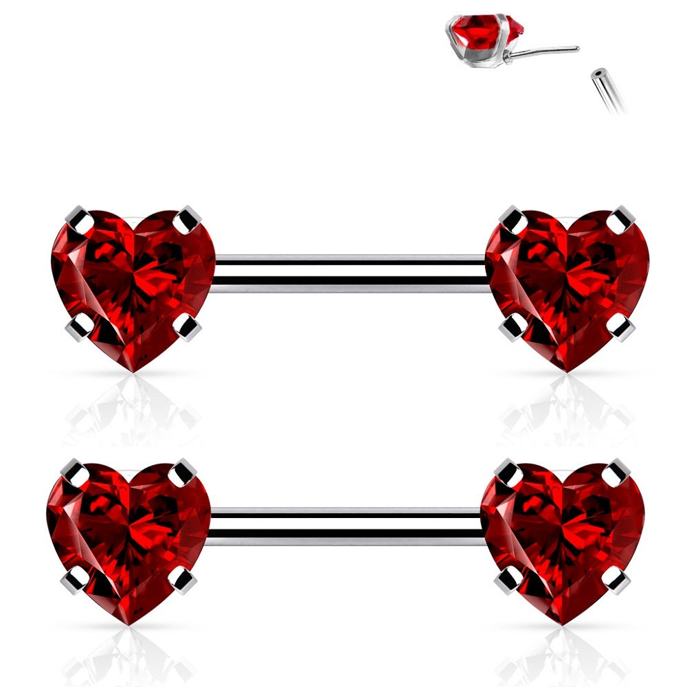 Threadless Push-in Prong Set Crystal Heart Nipple Barbells - Stainless Steel - Pair