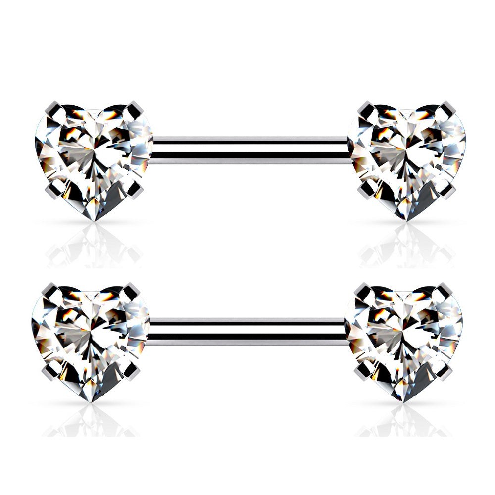 Threadless Push-in Prong Set Crystal Heart Nipple Barbells - Stainless Steel - Pair