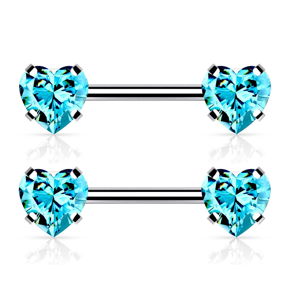 Threadless Push-in Prong Set Crystal Heart Nipple Barbells - Stainless Steel - Pair