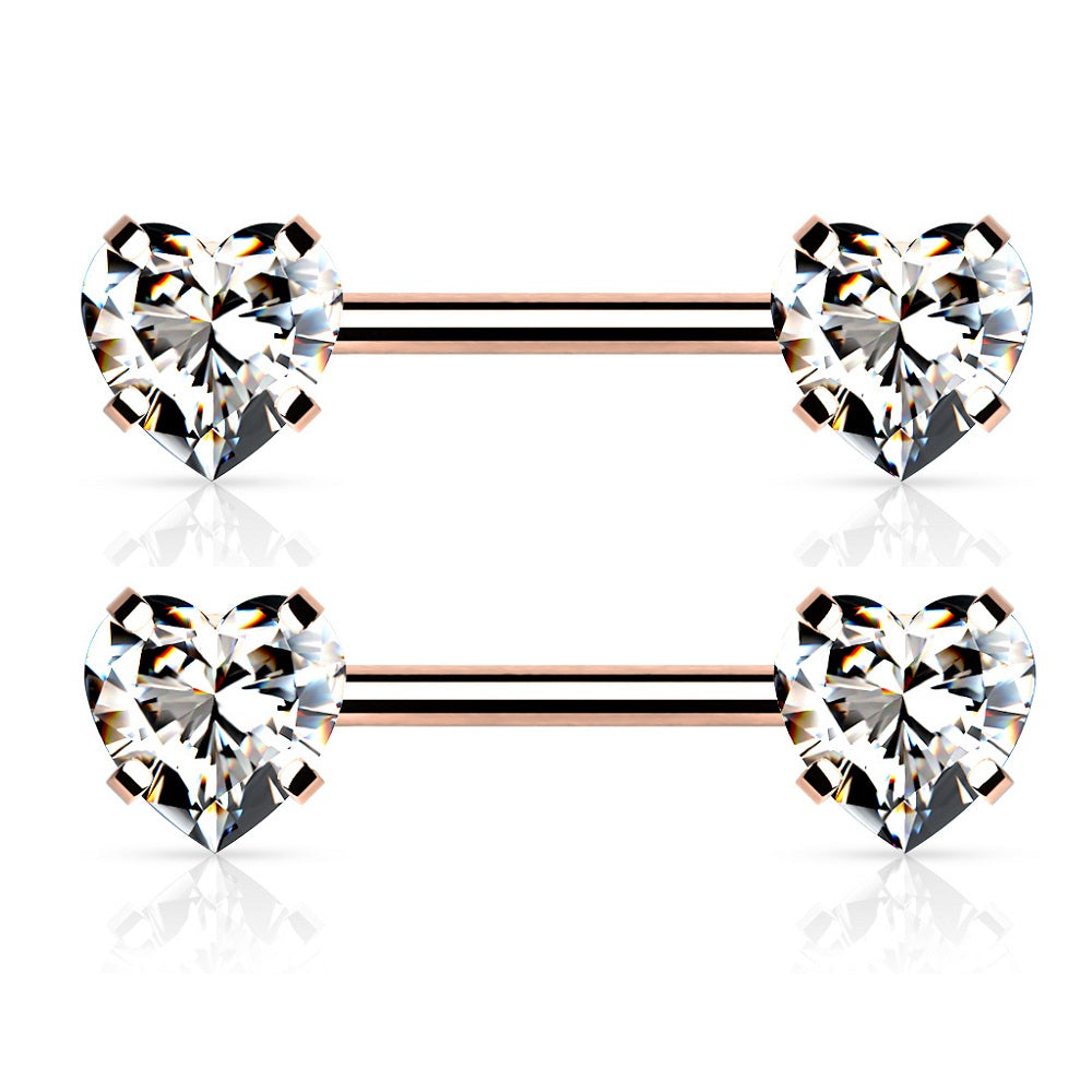Threadless Push-in Prong Set Crystal Heart Nipple Barbells - Stainless Steel - Pair
