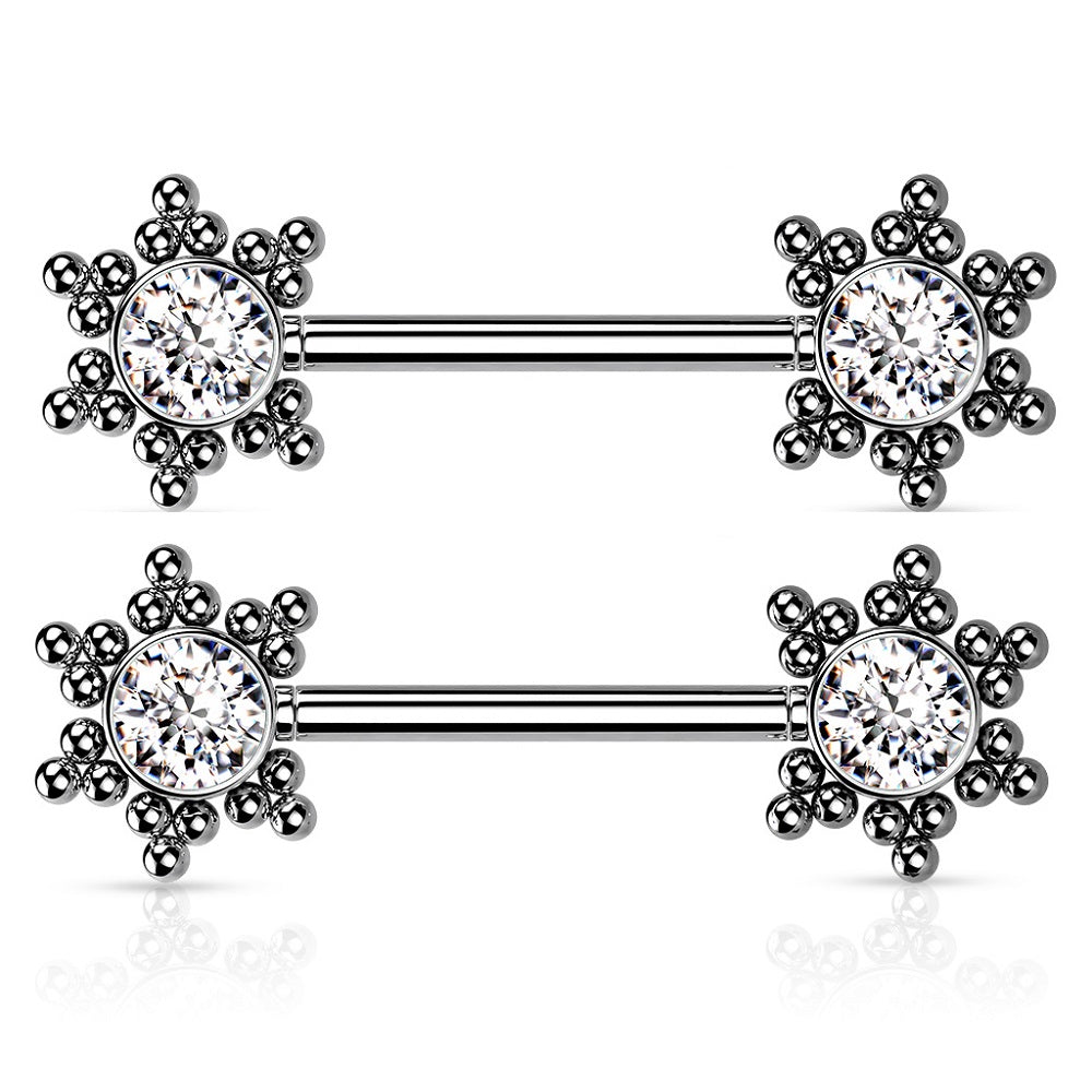 Threadless Push-in CZ Crystal Star Cluster Nipple Barbells - Stainless Steel - Pair