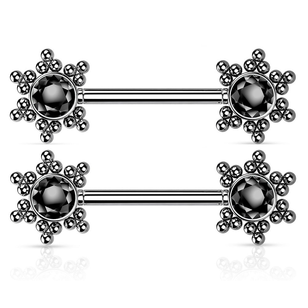 Threadless Push-in CZ Crystal Star Cluster Nipple Barbells - Stainless Steel - Pair