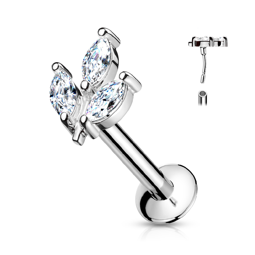 Triple Crystal Marquise Threadless Push In Flat Back Stud - Stainless Steel