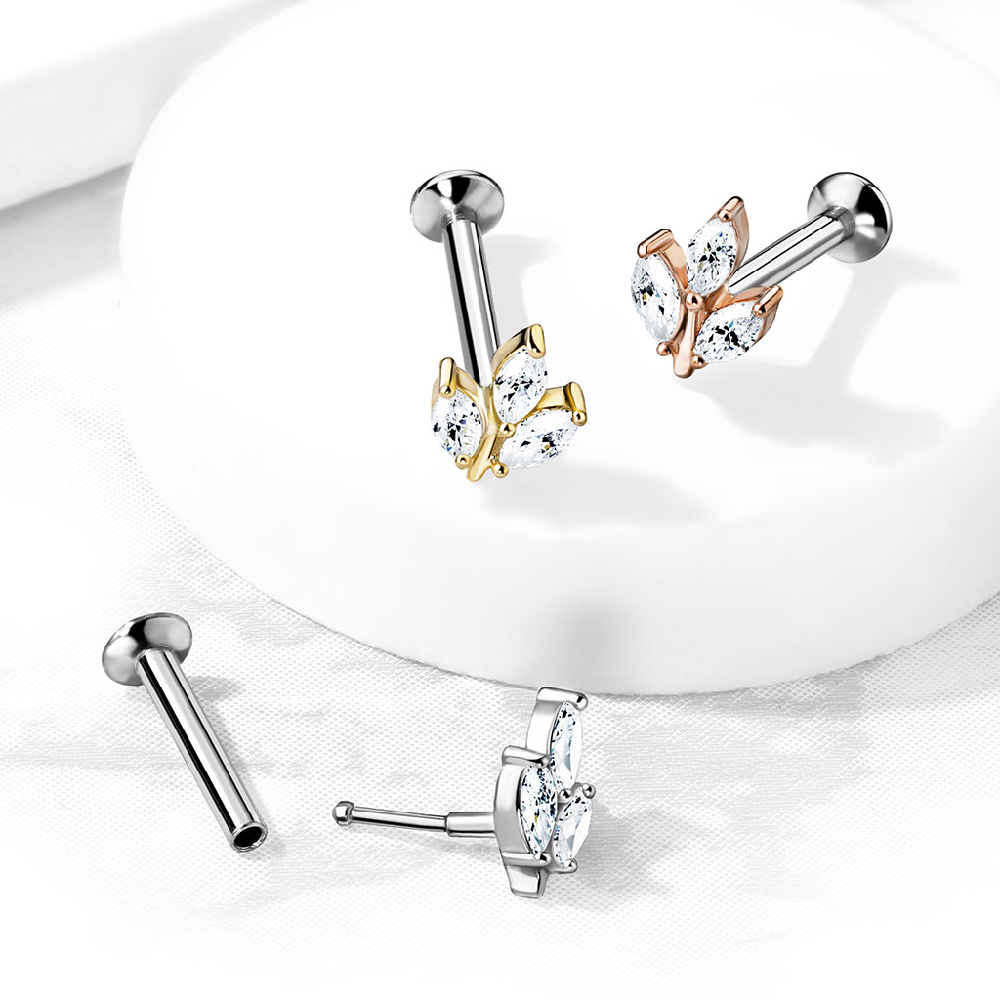 Triple Crystal Marquise Threadless Push In Flat Back Stud - Stainless Steel