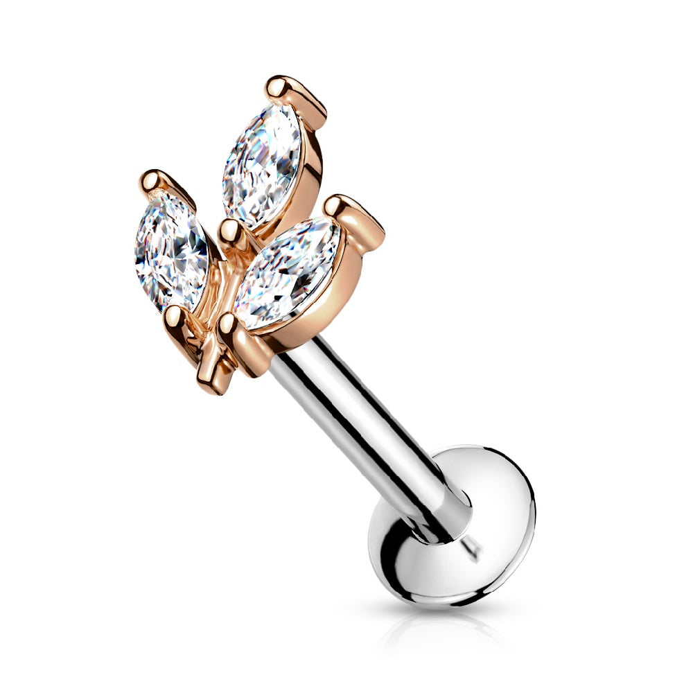 Triple Crystal Marquise Threadless Push In Flat Back Stud - Stainless Steel
