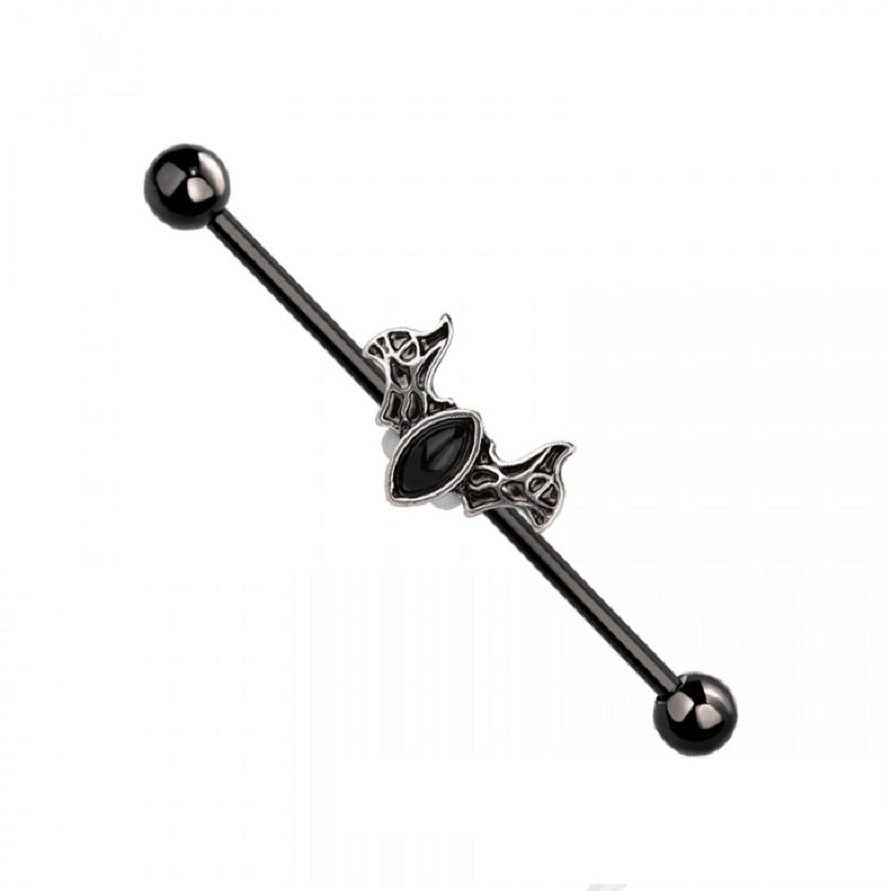 Black Bat with Black Stone Body Industrial Cartilage Barbell - 316L Stainless Steel