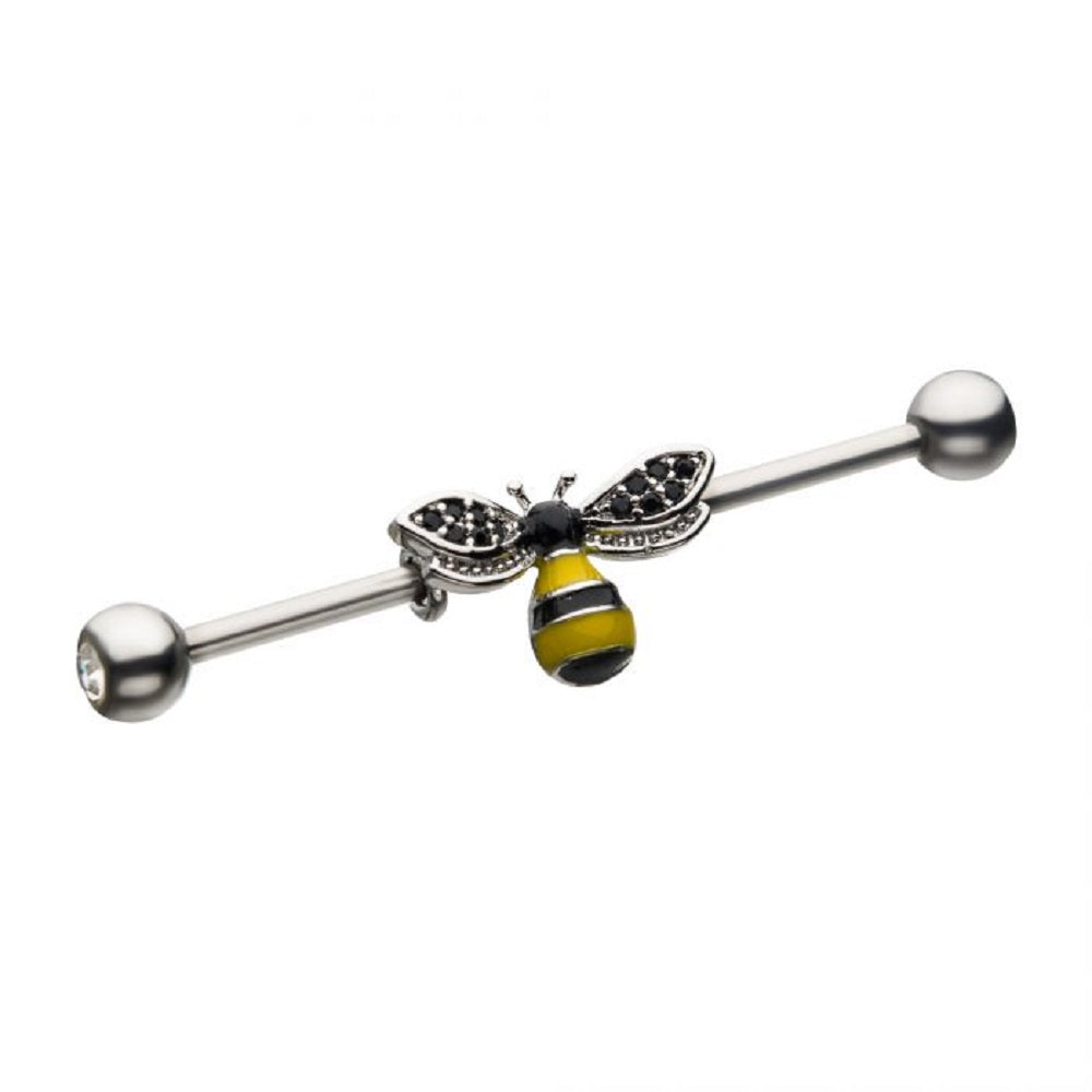 Honey Bee with Black CZ Crystal Wings Industrial Barbell - Stainless Steel