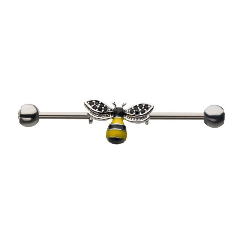 Honey Bee with Black CZ Crystal Wings Industrial Barbell - Stainless Steel