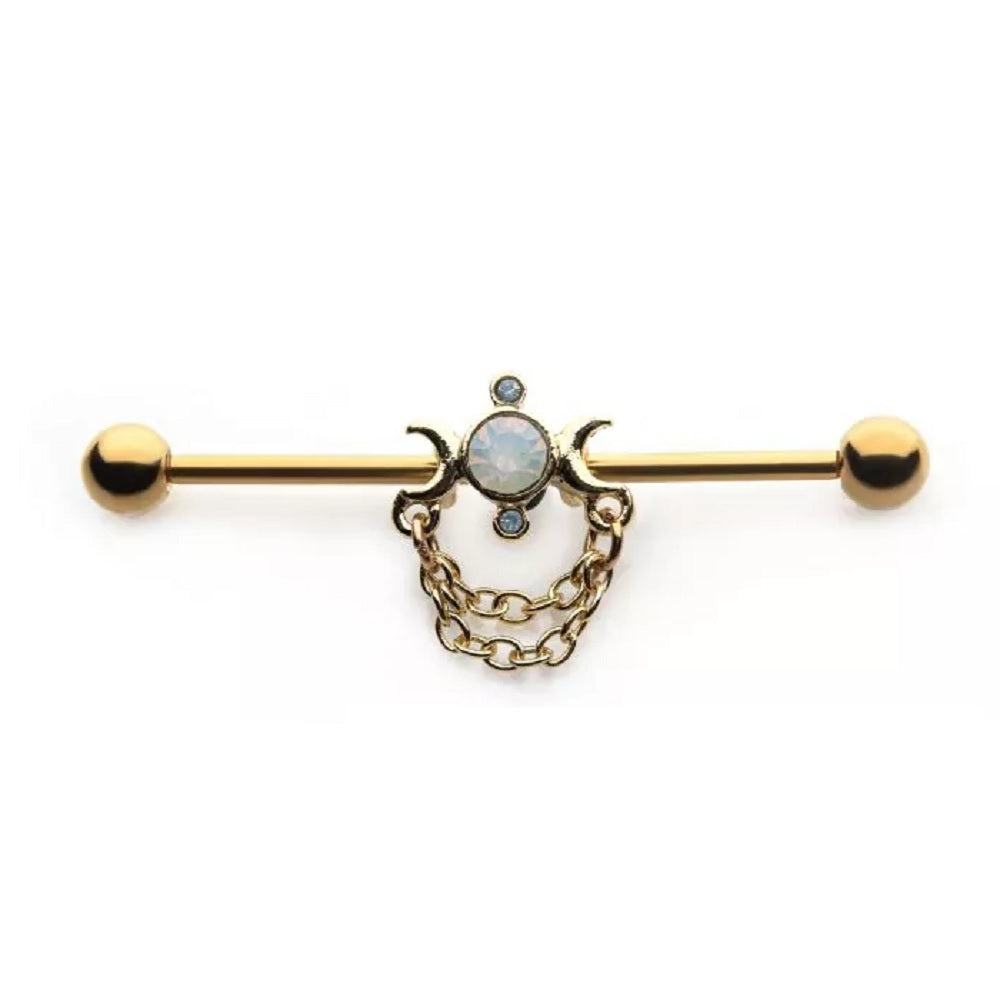 Crescent Moons with Circular Opalite Center and Dangling Chains Industrial Barbell - 316L Stainless Steel