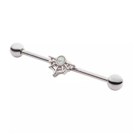 Spider Web with White Glitter Opal Industrial Barbell - 316L Stainless Steel