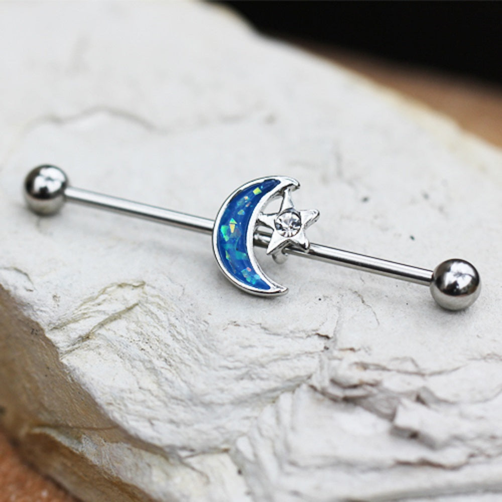 Blue Synthetic Opal Moon and CZ Crystal Accented Star Industrial Barbell Earring - Stainless Steel