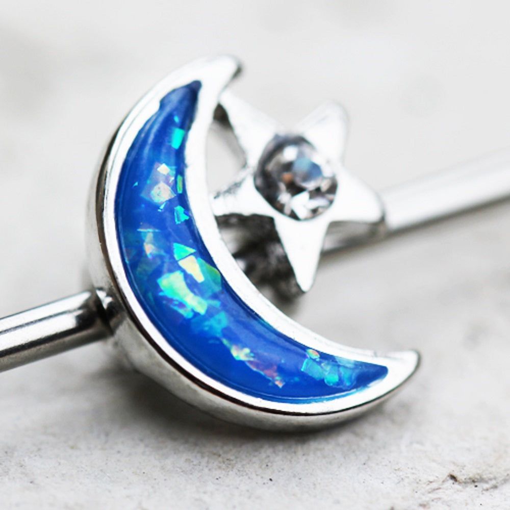 Blue Synthetic Opal Moon and CZ Crystal Accented Star Industrial Barbell Earring - Stainless Steel