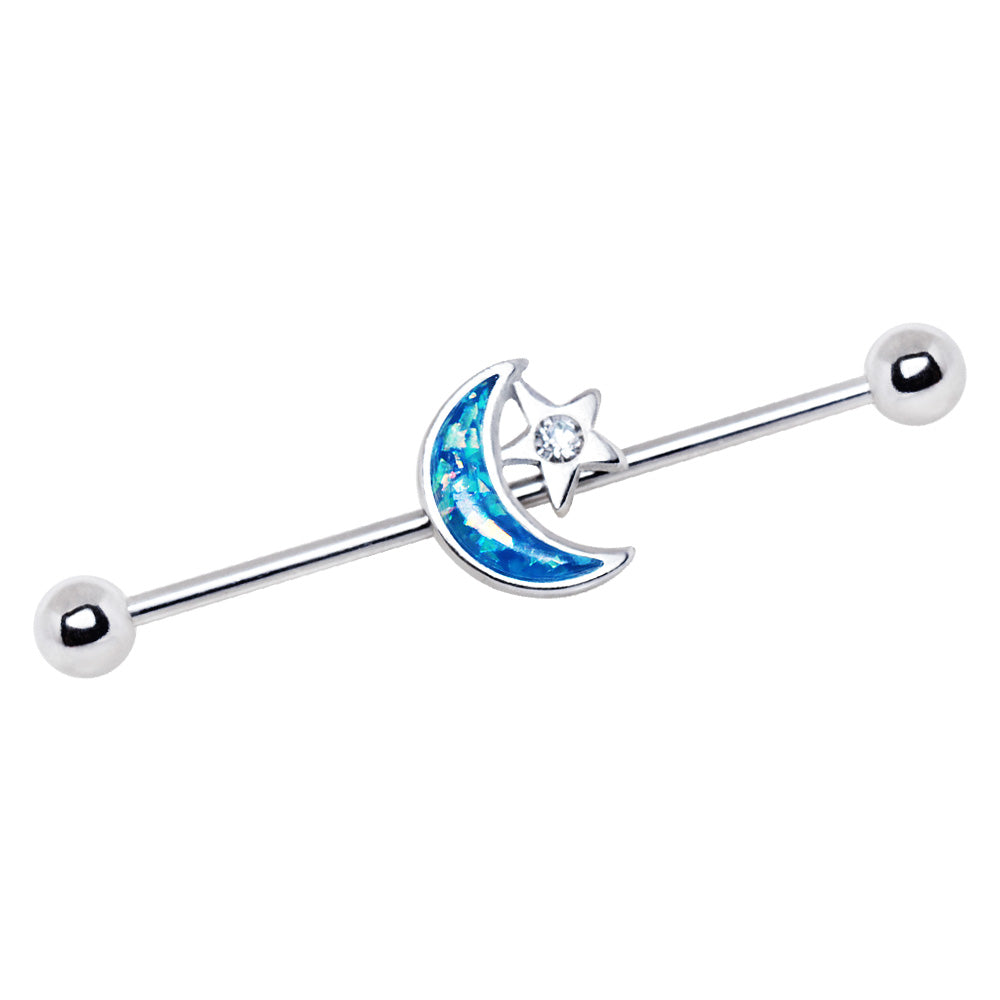 Blue Synthetic Opal Moon and CZ Crystal Accented Star Industrial Barbell Earring - Stainless Steel