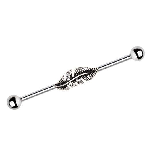 Jeweled Antique Finish Feather Industrial Barbell - Stainless Steel