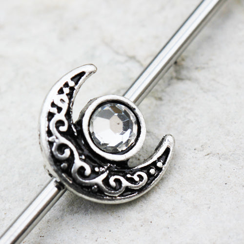 Tribal Moon and CZ Crystal Sun Industrial Barbell - Stainless Steel