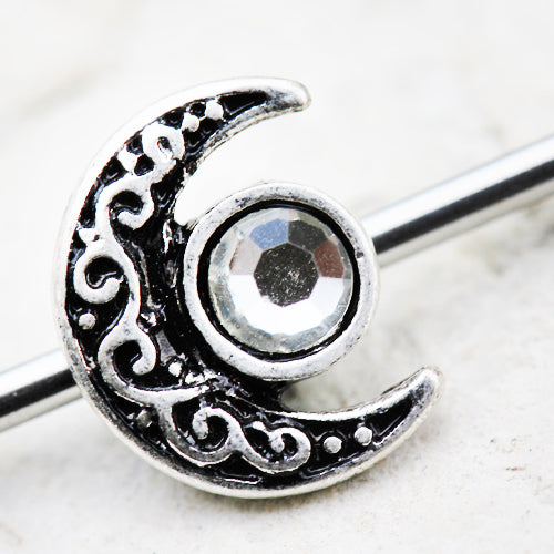 Tribal Moon and CZ Crystal Sun Industrial Barbell - Stainless Steel
