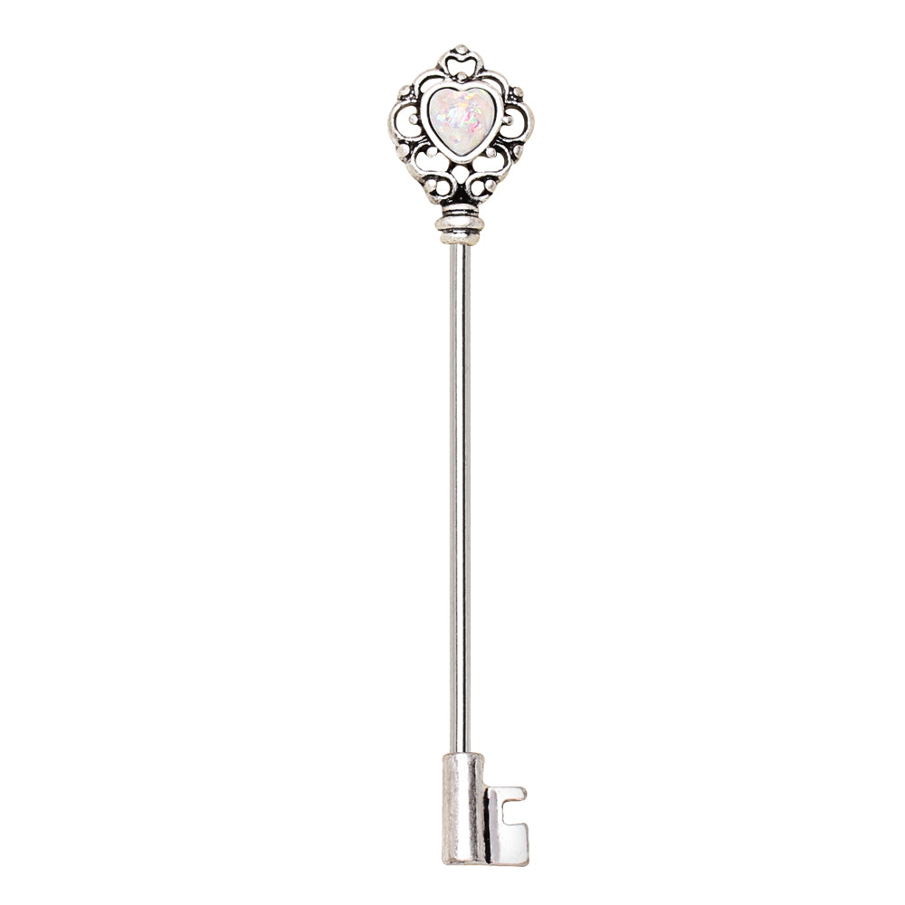 Antique Victorian Heart Key with Inset Synthetic Opal Industrial Barbell - Stainless Steel