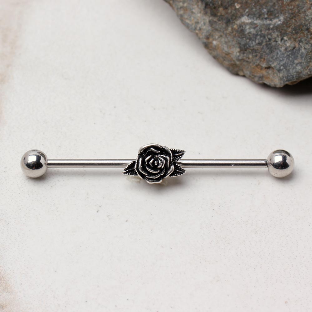 Antique Rose Flower with Leaves Industrial Barbell - Stainless Steel
