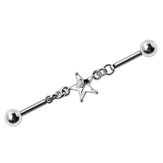 CZ Crystal Star Connecting Chain Industrial Barbell - 316L Stainless Steel