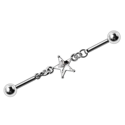 CZ Crystal Star Connecting Chain Industrial Barbell - 316L Stainless Steel