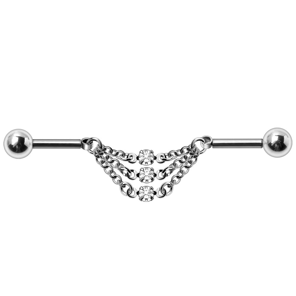 Triple Chains with Central CZs Industrial Cartilage Barbell - 316L Stainless Steel