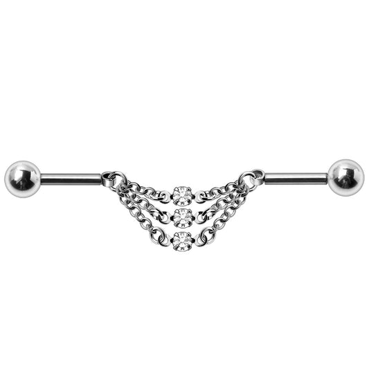 Triple Chains with Central CZs Industrial Cartilage Barbell - 316L Stainless Steel