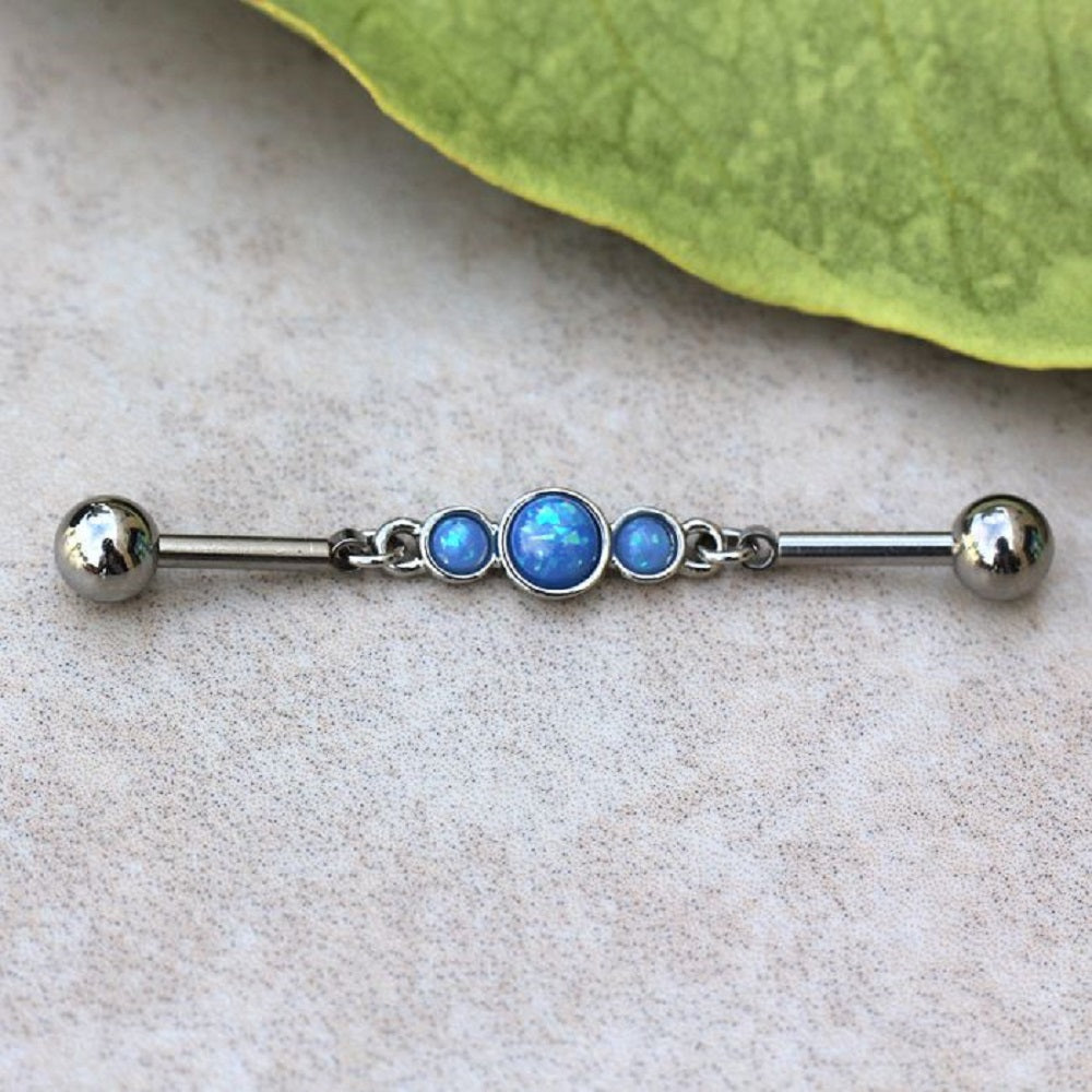 Blue Opalite Bubbles Chain Industrial Barbell - 316L Stainless Steel
