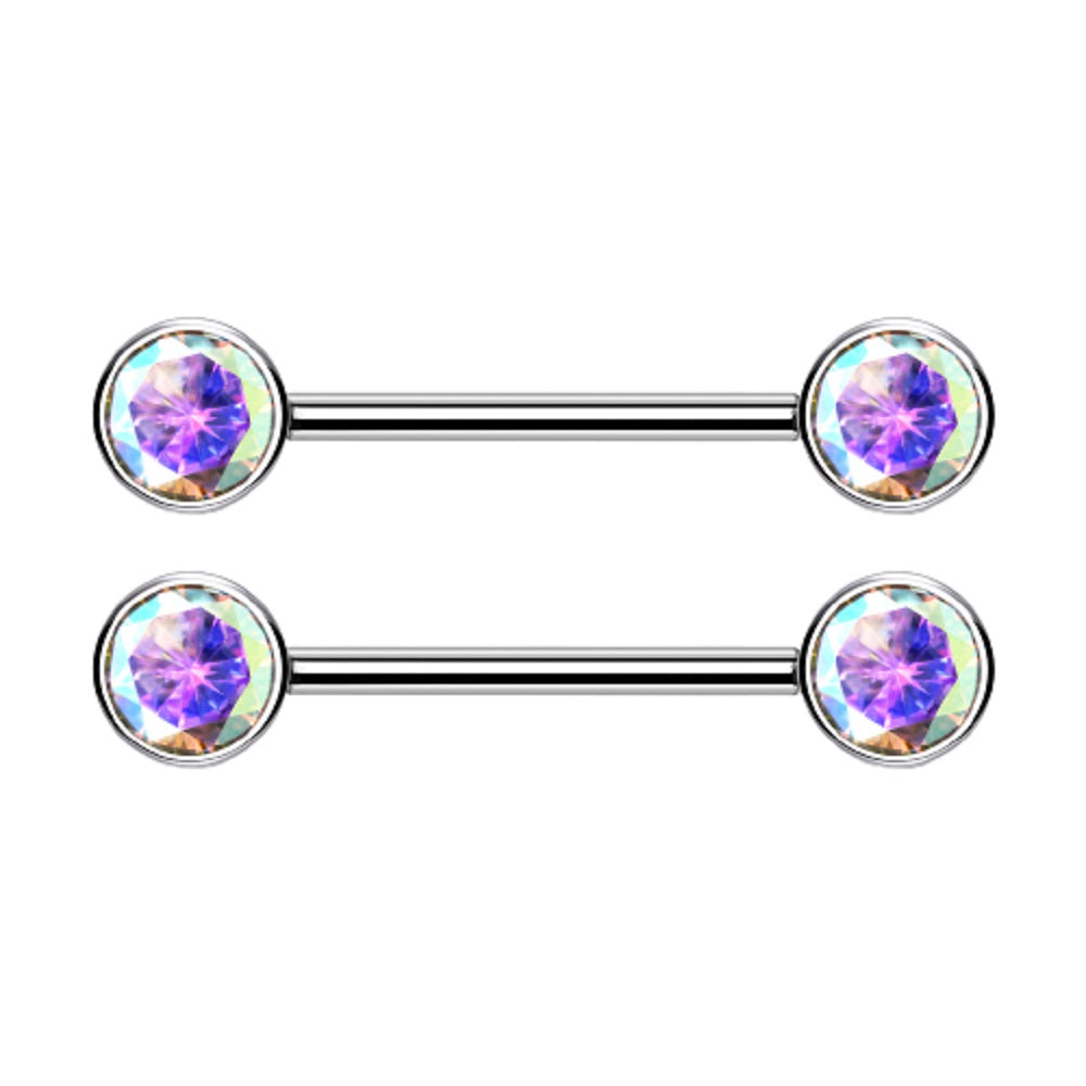 Threadless Push-in Bezel Set CZ Crystal Nipple Barbells - G23 Implant Grade Titanium - Pair