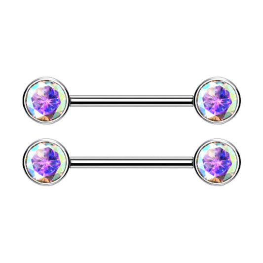 Threadless Push-in Bezel Set CZ Crystal Nipple Barbells - G23 Implant Grade Titanium - Pair