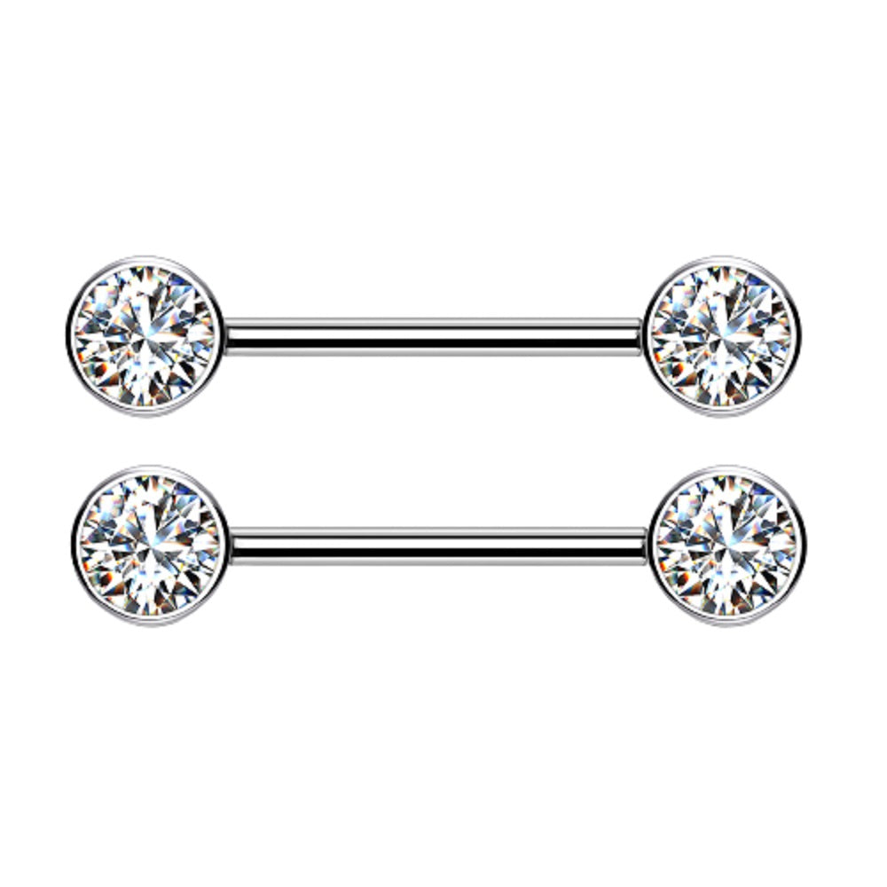 Threadless Push-in Bezel Set CZ Crystal Nipple Barbells - G23 Implant Grade Titanium - Pair