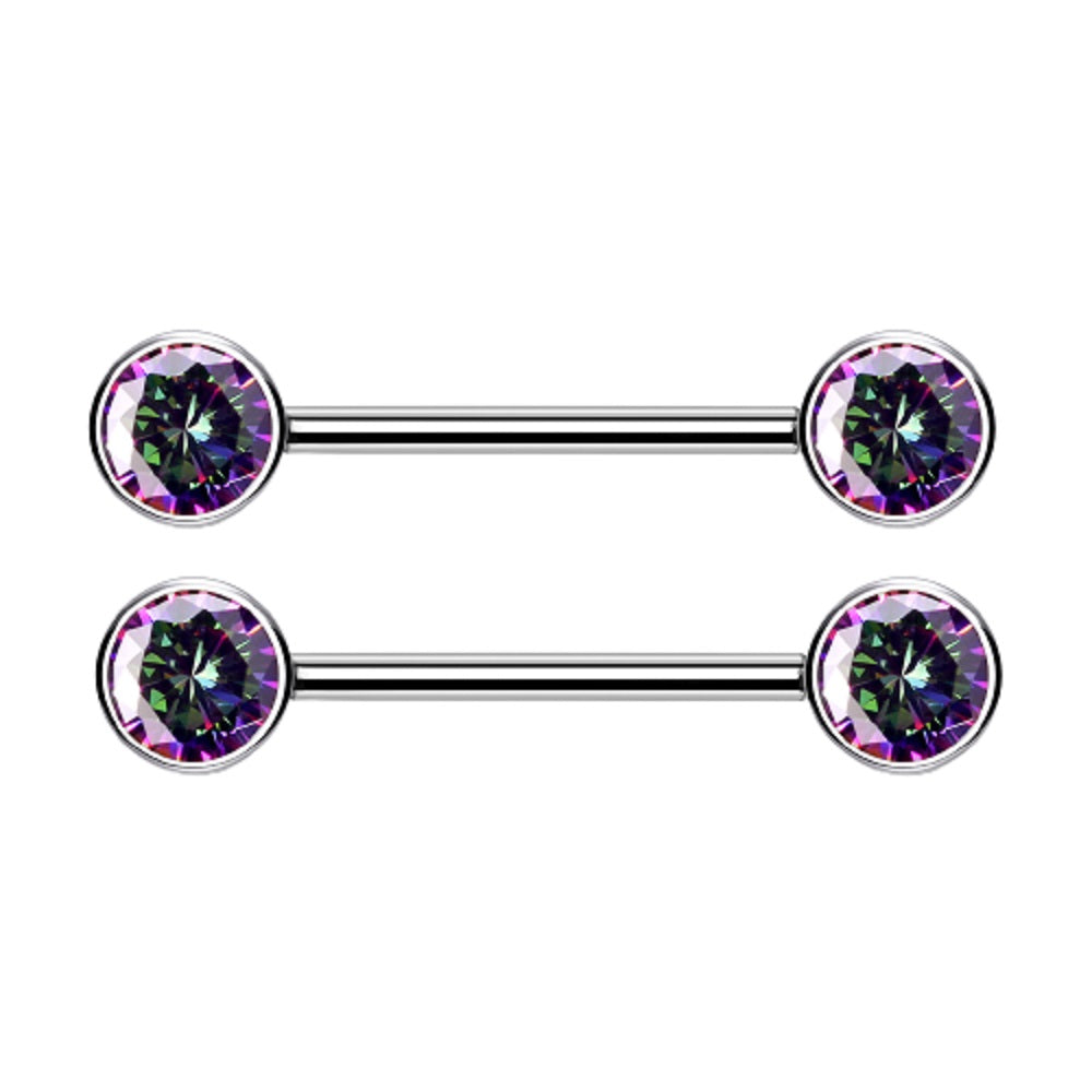 Threadless Push-in Bezel Set CZ Crystal Nipple Barbells - G23 Implant Grade Titanium - Pair