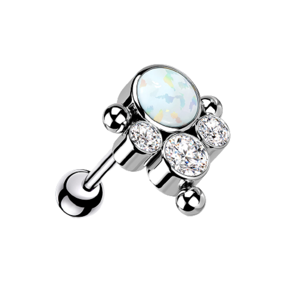 Synthetic Opal with CZ Crystal Ball Cluster Threadless Push-in Barbell
- G23 Implant Grade Titanium