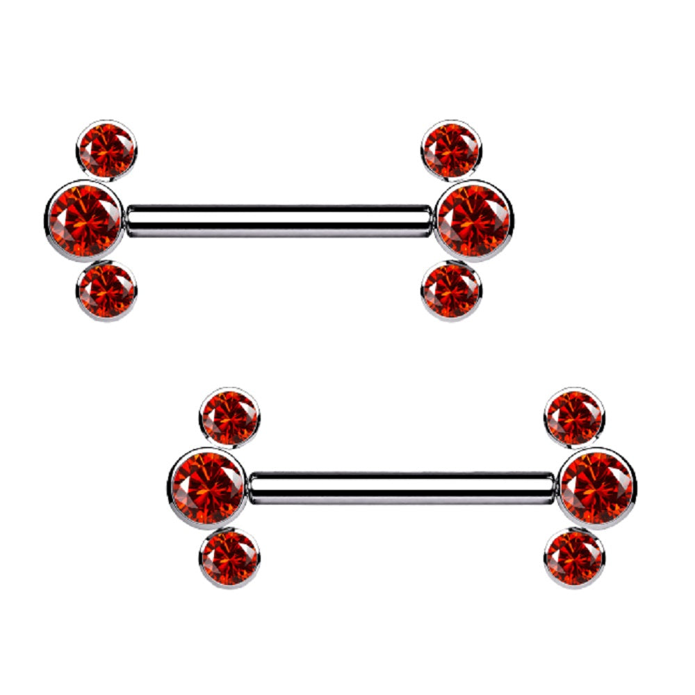 Threadless Push-in Triple CZ Crystal Ends Nipple Barbells - G23 Implant Grade Titanium - Pair